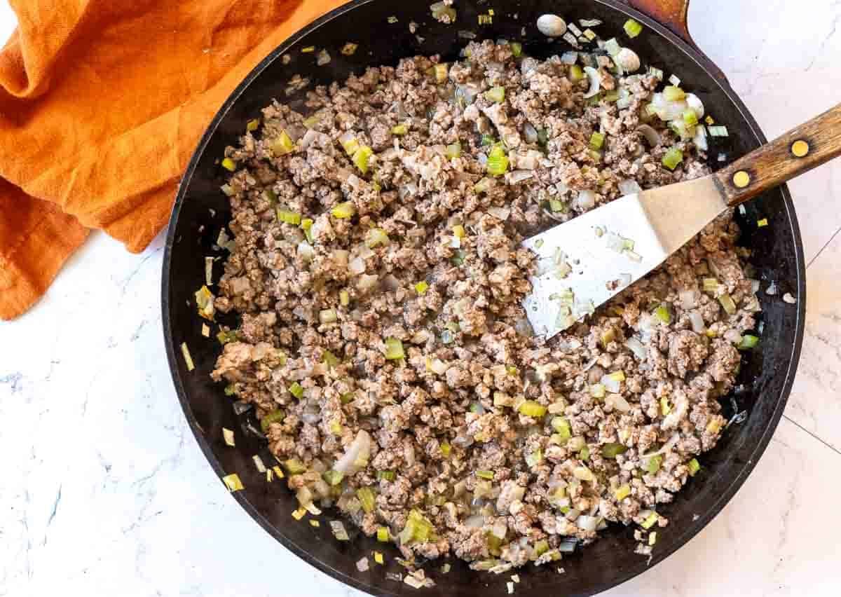 How to make white bolognese, browning meat step 1.