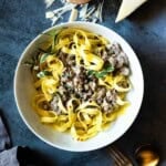 White Bolognese with Tagliatelle pasta.
