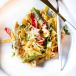 Rattlesnake Pasta served on a white pasta plate.