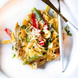 Rattlesnake Pasta served on a white pasta plate.