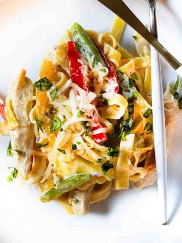 Rattlesnake Pasta served on a white pasta plate.
