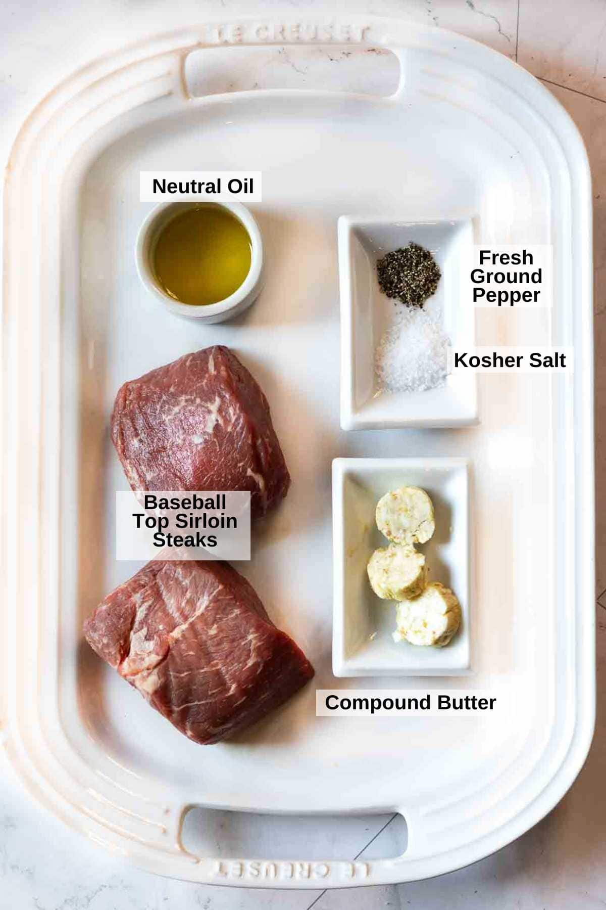 Ingredients to make pan-seared baseball steaks.