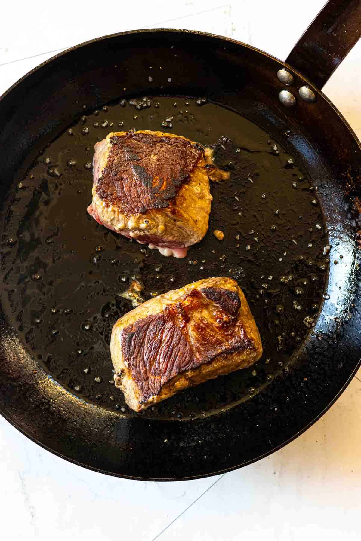 How to pan sear a baseball steak, step 2.