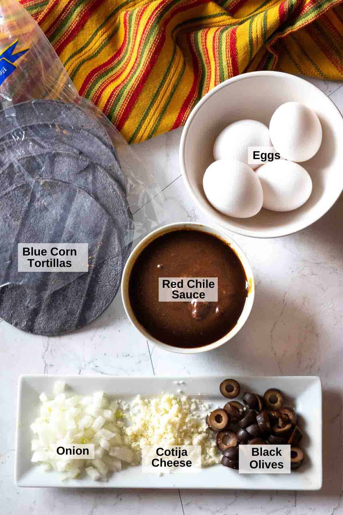 Ingredients to make New Mexico Style Huevos Rancheros.