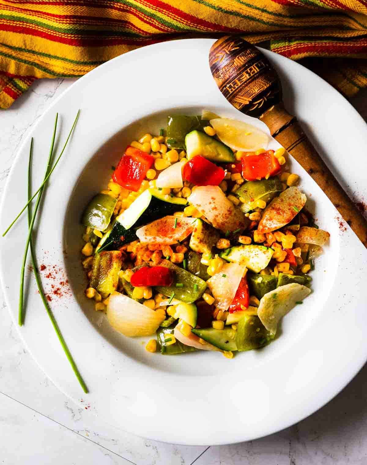 Southwest Sauteed Mixed Vegetables served in a white bowl.