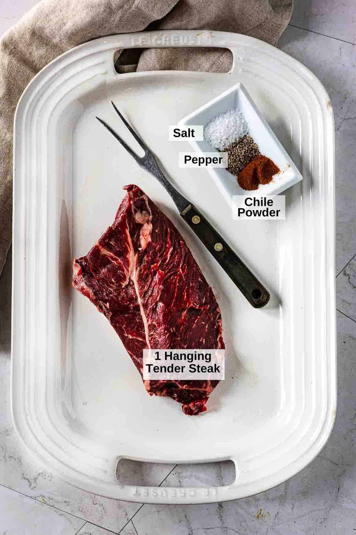 Ingredients to cook a hanging tender steak.